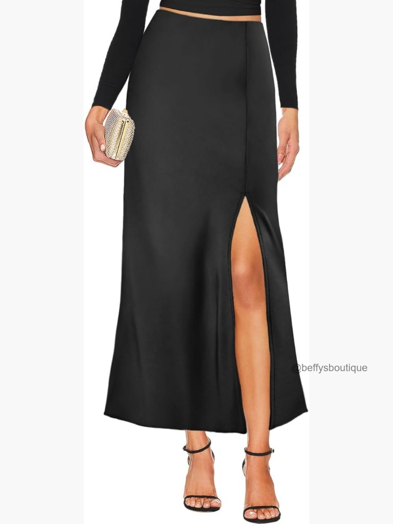 Satin Maxi Skirt High Waisted Side Slit Hidden Elastic Waistband Long Skirt